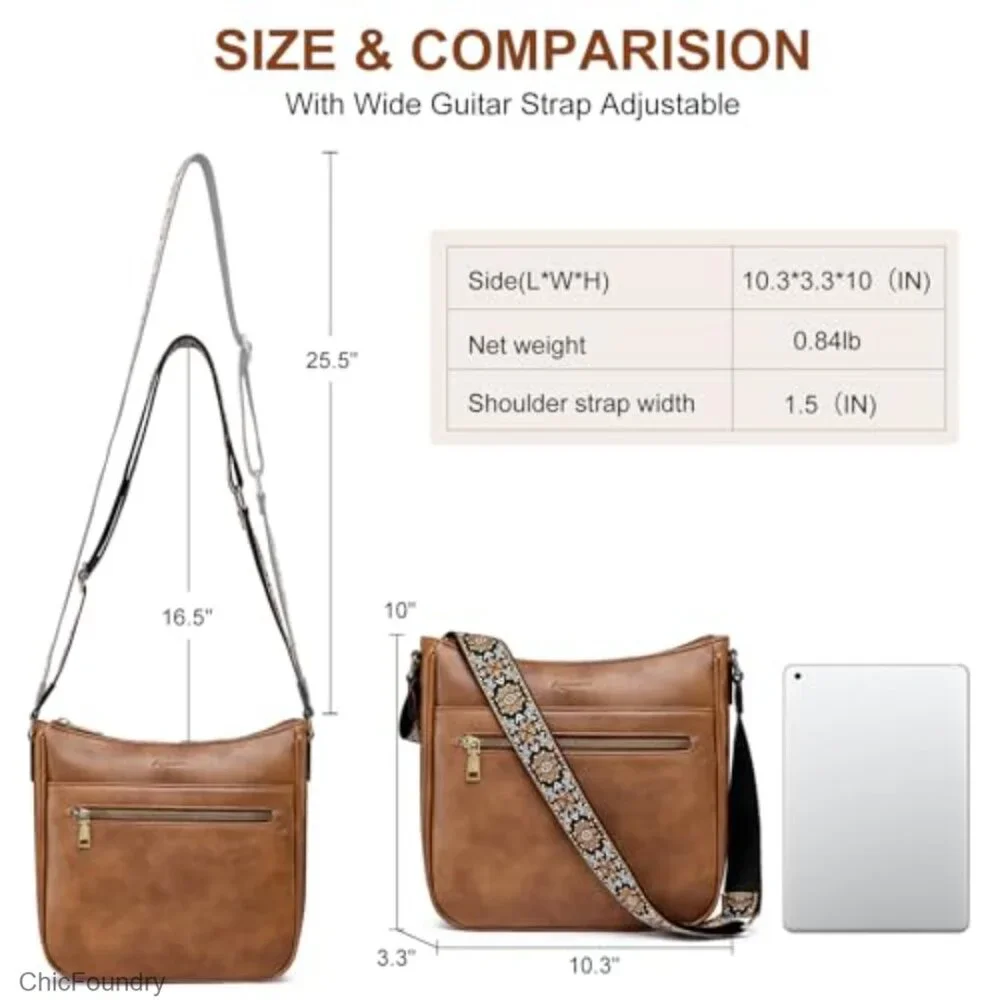 Vegan Leather Crossbody Bag with Adjustable Strap, Multiple Pockets